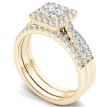 Gold Halo Diamond Engagement Ring Set with Twin Bands - Yaffie 1 1/4ct TDW