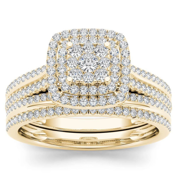 Golden Yaffie Diamond Cluster Halo Bridal Set with 1/2 Carat Total Diamond Weight