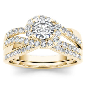 Golden Bypass Halo Diamond Ring Set with 1ct TDW & Matching Band by Yaffie