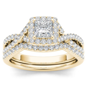 Gold Yaffie Engagement Ring Set with Criss-Cross Halo and 1ct TDW Diamond Band.