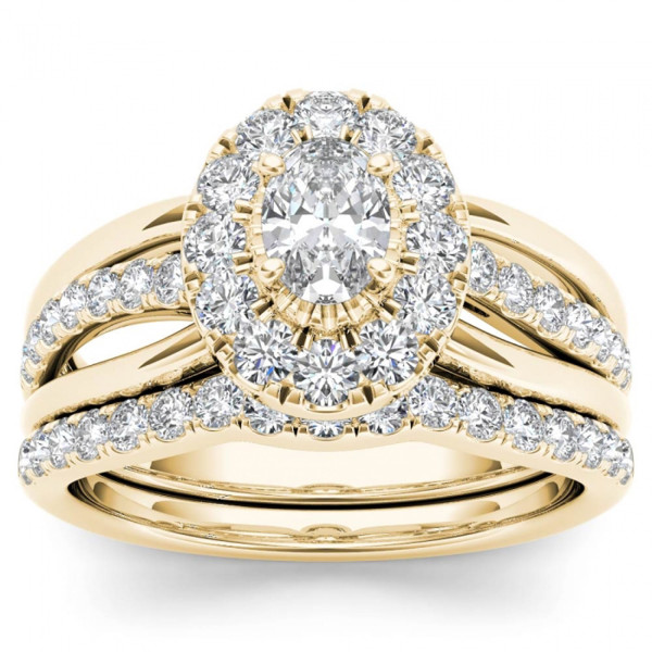 Oval Diamond Halo Bridal Set with 1 Carat Yaffie Gold Sparkle