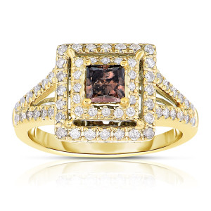 Cognac Diamond Double Halo Ring, 1ct TDW - Yaffie Gold