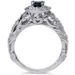 Sparkling Blue and White Diamond Vintage Halo Ring for an Elegant Yaffie Engagement in White Gold with 3/4ct TDW