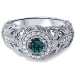 Vintage Halo Ring: Yaffie White & Blue Diamond Engagement Beauty 3/4ct TDW