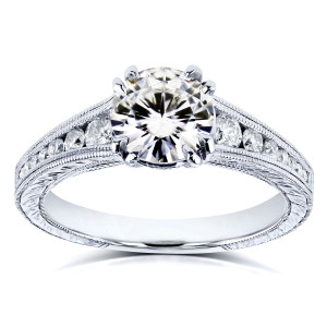 Elegant White Gold Ring with Brilliant 1 1/4ct Moissanite and Diamond Channel Band, from Yaffie Kobelli Forever One Collection.