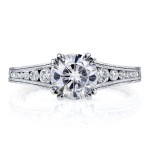 Milgrain Channel Band Engagement Ring with Yaffie Kobelli Near Colorless Moissanite and Diamond Accents in White Gold, 1 1/4ct TCW.