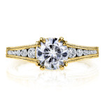 Gold Ring with Forever One Near Colorless Moissanite and Diamond Milgrain Channel Band, 1 1/4ct TCW