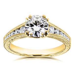 Gold Moissanite Engagement Ring with Diamond Milgrain Channel Band