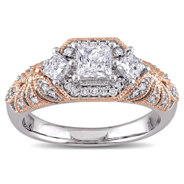 Yaffie Vintage Princess and Round-cut Diamond Engagement Ring with 1ct TDW in White and Rose Gold Tone.
