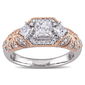Vintage Princess and Round-cut Diamond Engagement Ring with 1ct TDW in 2-Tone White and Rose Gold by Yaffie