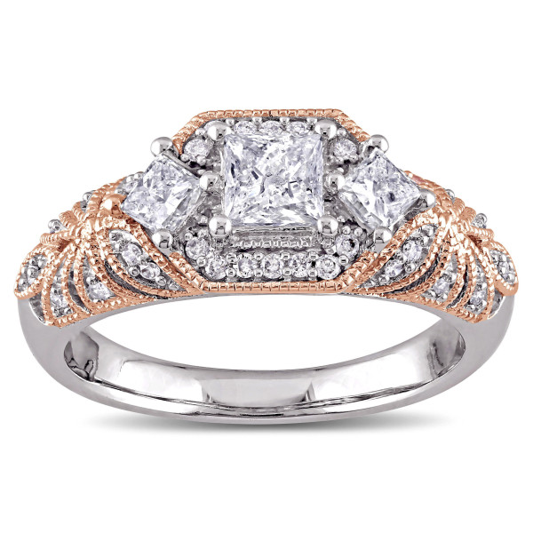 Vintage Princess and Round-cut Diamond Engagement Ring with 1ct TDW in 2-Tone White and Rose Gold by Yaffie