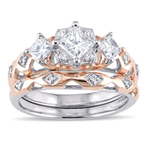 Sparkling Yaffie Bridal Ring Set with Princess and Round-cut Diamonds in 2-Tone Rose and White Gold, Featuring a Unique Pattern Design, 1ct Total Diamond Weight.