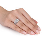 White Gold Bridal Ring Set with 1ct TDW Princess and Round-cut Diamonds and Intricate Milgrain Detail by Yaffie