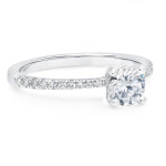 Petite Yaffie Engagement Ring with 0.80ct TDW Pave Set Round Solitaire Diamond in Thin, Tapered U Pave and 4 Prong Setting.
