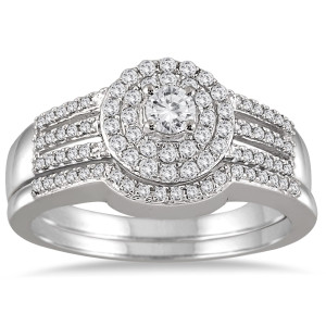 Yaffie Dazzling White Gold Bridal Set with Double Halo and 1/2ct TDW Diamond