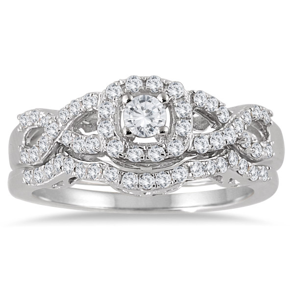 Yaffie Bridal Set with Glittering Diamond Halo in White Gold, 3/4ct TDW