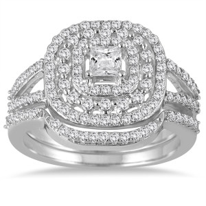 Yaffie Triple Halo Princess Bridal Ring Set with 7/8ct TDW Diamond in Stunning White Gold
