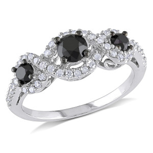 Yaffie ™ Black and White Diamond Three-Stone Ring: 1 CT Total Weight, White Gold and Black Rhodium Plating. GH Quality and I2/I3 Clarity - a Custom Creation.