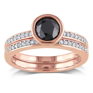 Yaffie ™ Custom-Made Black and White Diamond Bridal Ring Set in Rose Gold, Adorned with 1 1/8ct TDW