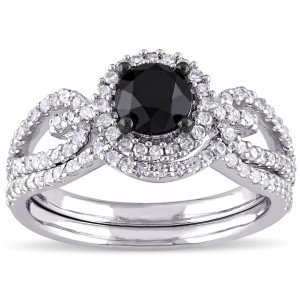 Yaffie™ Signature Black and White Diamond Halo Bridal Ring Set with 1 1/2ct TW of White Gold Brilliance