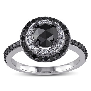 Yaffie™ Custom Black and White Diamond Double Halo Ring in 1 1/2ct TDW with a Unique Rose-cut Design in White Gold