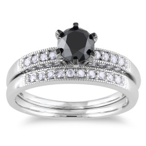 Yaffie™ Custom Black and White Diamond Bridal Ring Set with 1 1/3ct TDW of White Gold Glamour.