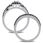 Yaffie ™ Custom Designed White Gold Bridal Ring Set with Princess and Round-cut Black and White Diamonds, Totaling 1/2ct TDW, and a Beautiful Halo Design.