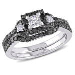 Yaffie ™ Custom Designed White Gold Bridal Ring Set with Princess and Round-cut Black and White Diamonds, Totaling 1/2ct TDW, and a Beautiful Halo Design.