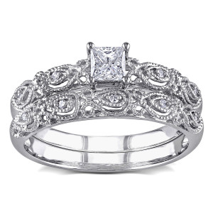 White Gold 1/3ct TDW Diamond Vintage Bridal Engagement Ring Stackable Set - Custom Made By Yaffie™