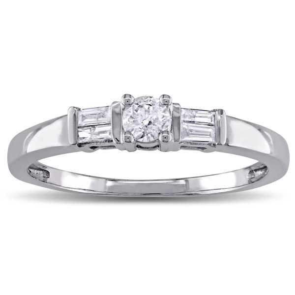 Yaffie 3-Stone Promise Ring with Round and Baguette Diamonds, 1/4ct TDW in White Gold