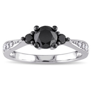 Yaffie ™ Custom-made 3-Stone Black and White Diamond Engagement Ring - 1ct TDW, Made with White Gold