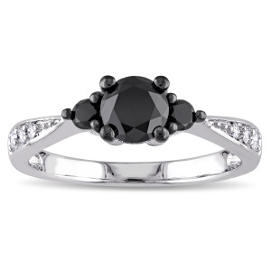 Yaffie ™ Custom White Gold 1ct TDW Black and White 3-stone Engagement Ring with Diamonds