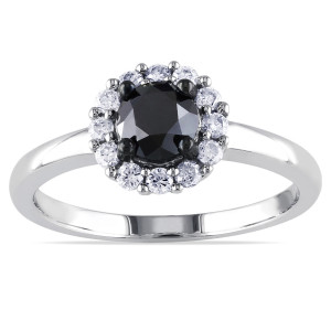 Yaffie ™ Custom White Gold 1ct TDW Ring with a Striking Black and White Halo of Diamonds