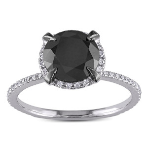 Yaffie™ Custom Black and White Diamond Solitaire Engagement Ring in White Gold, 2 3/4ct TDW, accented by a Halo