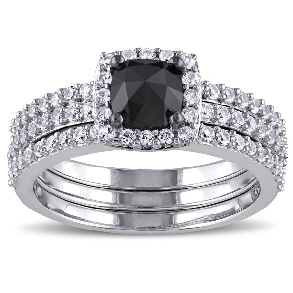 Yaffie ™ Custom White Gold Bridal Ring Set with 3/4ct TDW Black Diamond and Created White Sapphire