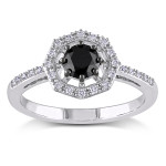 Yaffie Custom White Gold Halo Ring with 3/4ct Black and White Diamonds for an Unforgettable Engagement