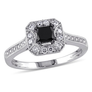 Yaffie ™ Custom-Made Black & White Princess-Cut Diamond Square Halo Engagement Ring with 3/5ct TDW in White Gold