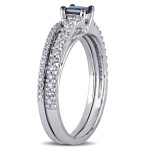 Blue and White Diamond Bridal Ring Set with Princess-cut 3/5ct TDW, crafted in glamorous White Gold by Yaffie.