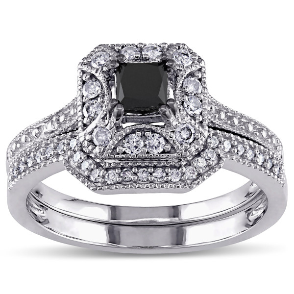 Yaffie™ Custom White Gold Bridal Set with 5/8ct TDW Stunning Black and White Diamond Cluster