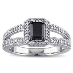 Yaffie ™ Custom-Made Black and White Diamond Halo Split Shank Engagement Ring in White Gold with 7/8ct TDW