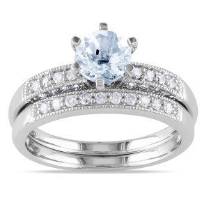 Aquamarine and Diamond Bridal Ring Set in White Gold by Yaffie, 1/3ct TDW