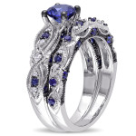 Vintage Bridal Set with Blue Sapphire and 1/10ct Diamond in Yaffie White Gold