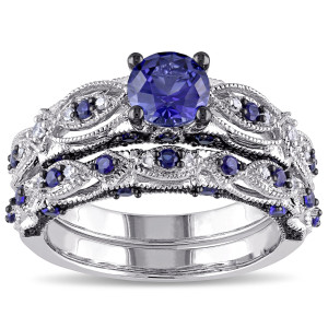 Yaffie Vintage Bridal Set with Blue Sapphire and Diamond Accents in White Gold