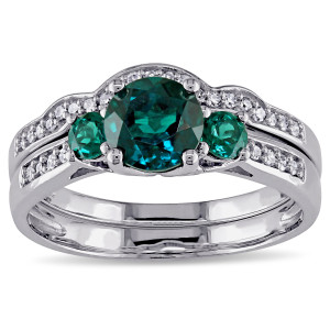 White Gold & Diamond 3-Stone Bridal Ring with Created Emerald Accent by Yaffie