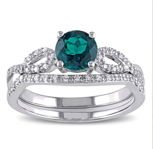 Bridal Set with Yaffie White Gold, Marvelous Emerald Creation, and 1/6ct Diamond Sparkle