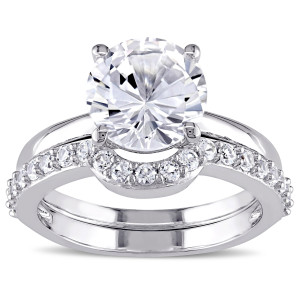 White Gold Created White Sapphire Solitaire Bridal Ring Set - Custom Made By Yaffie™