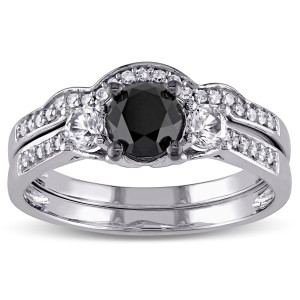 Yaffie™ Custom Made White Gold Bridal Ring Set with Created White Sapphire and 7/8ct Black & White Diamond