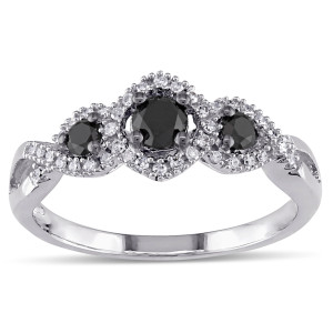 Yaffie ™ Custom Creation: 1/2 CT Black and White Diamond 3 Stone Ring on a White Gold Band