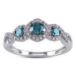 White gold rhodium plated 3 stone ring with 1/2ct of bold blue and sparkling white diamonds by Yaffie.