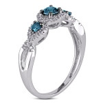 White gold rhodium plated 3 stone ring with 1/2ct of bold blue and sparkling white diamonds by Yaffie.